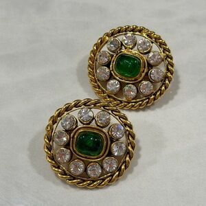 Vintage CHANEL Earring Green/clear Plated Gold/Rhinestone